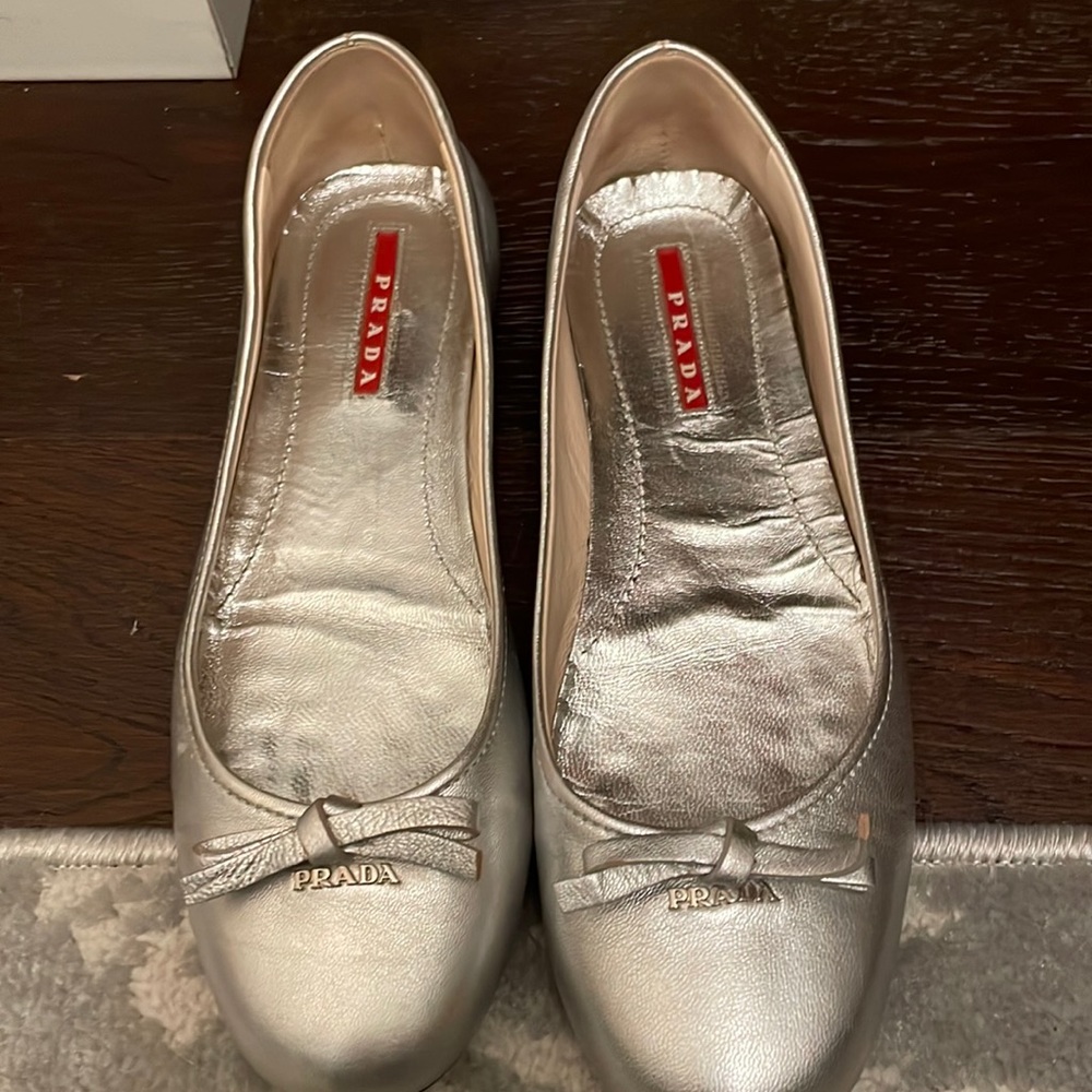 Prada silver ballet flats with bow